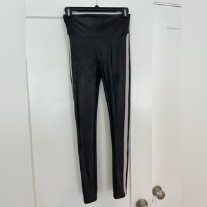 SPANX Black Faux Leather Leggings with Cream Side Stripe